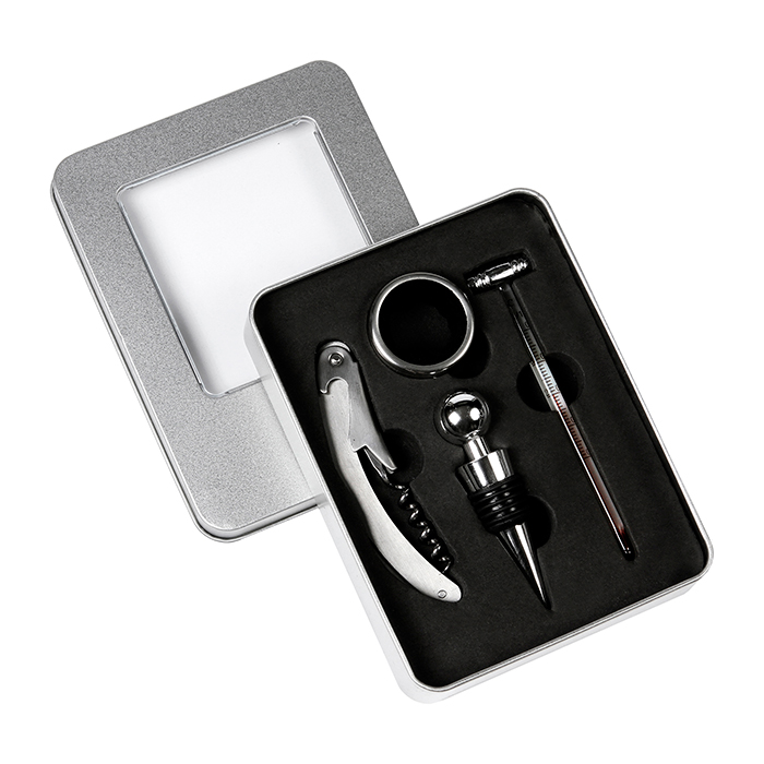 SET PARA VINO EN CAJA METALICA CON VENTANA E046